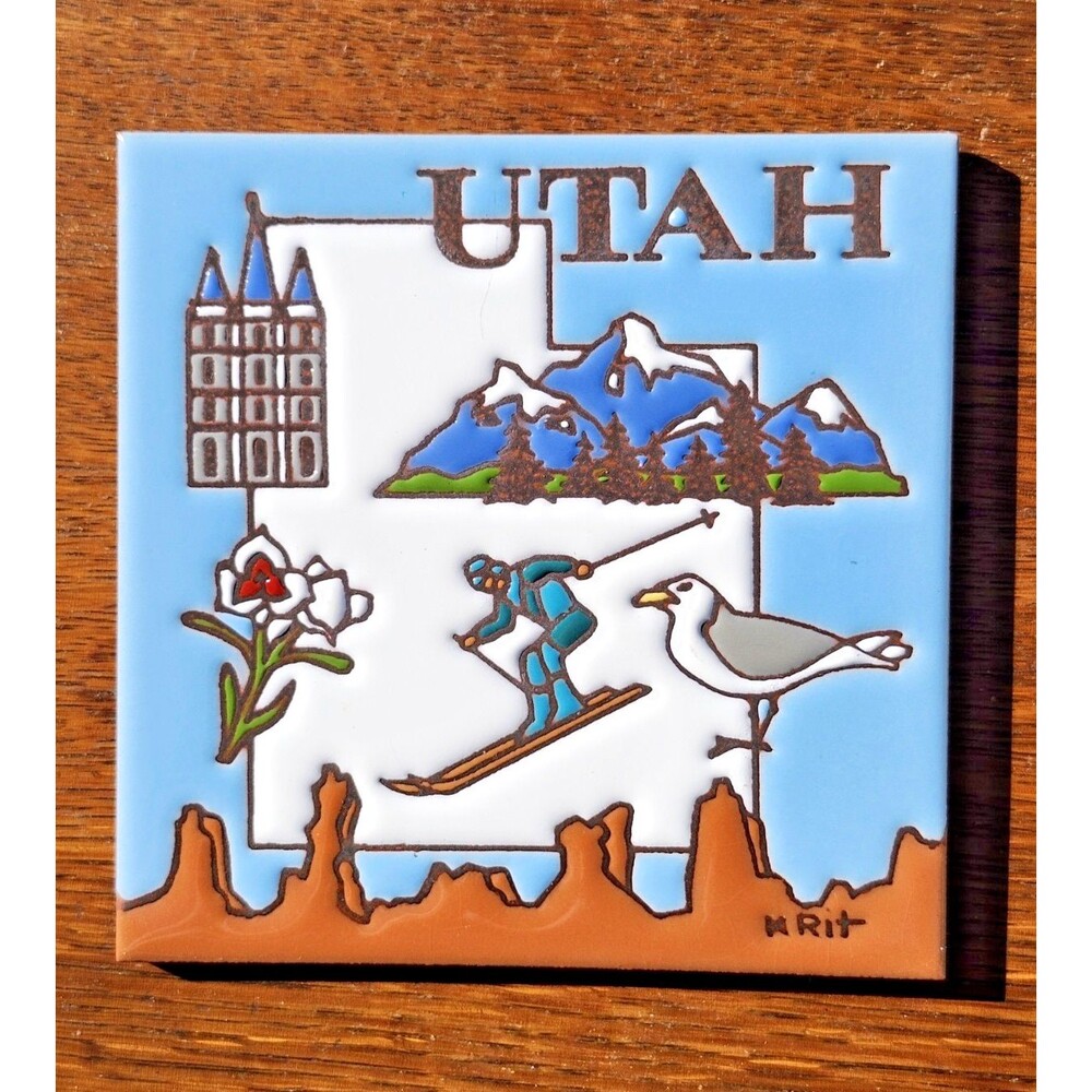 Vtg Earthtones Utah Ceramic Art Tile Trivet 6x6 Signed Krit Skiing Arch Flaw Rit